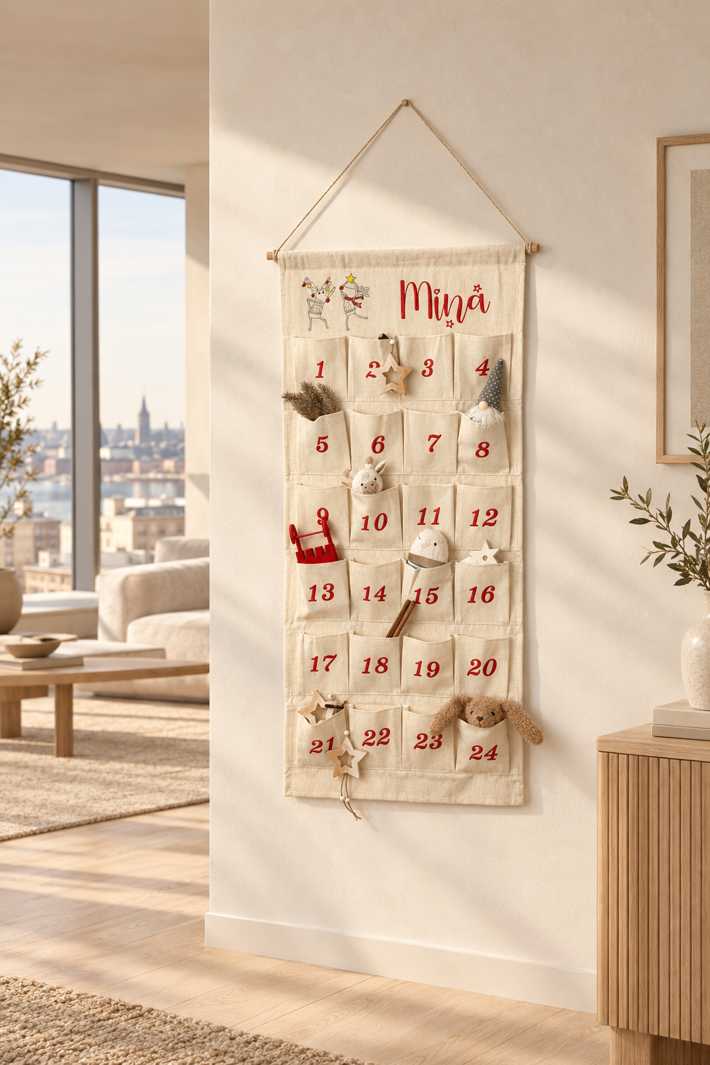 Personalisierter Adventskalender mit tanzenden Rentieren und Namen