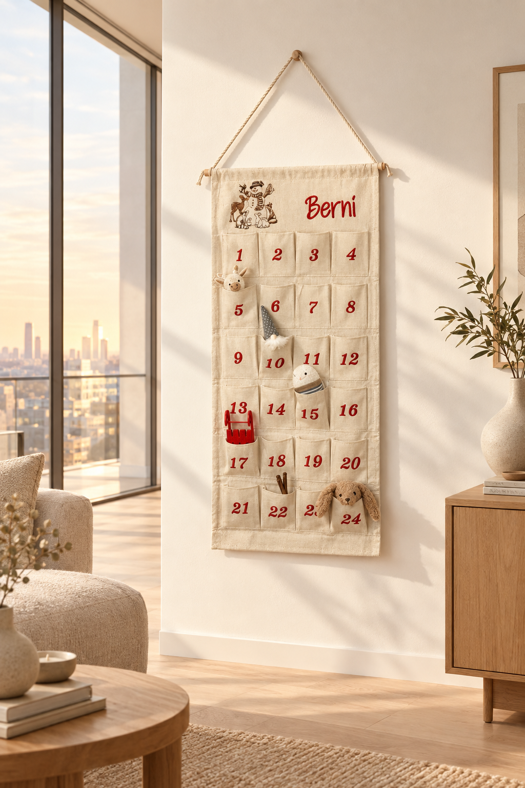 Personalisierter Adventskalender mit Schneemann, Waldtieren und Namen