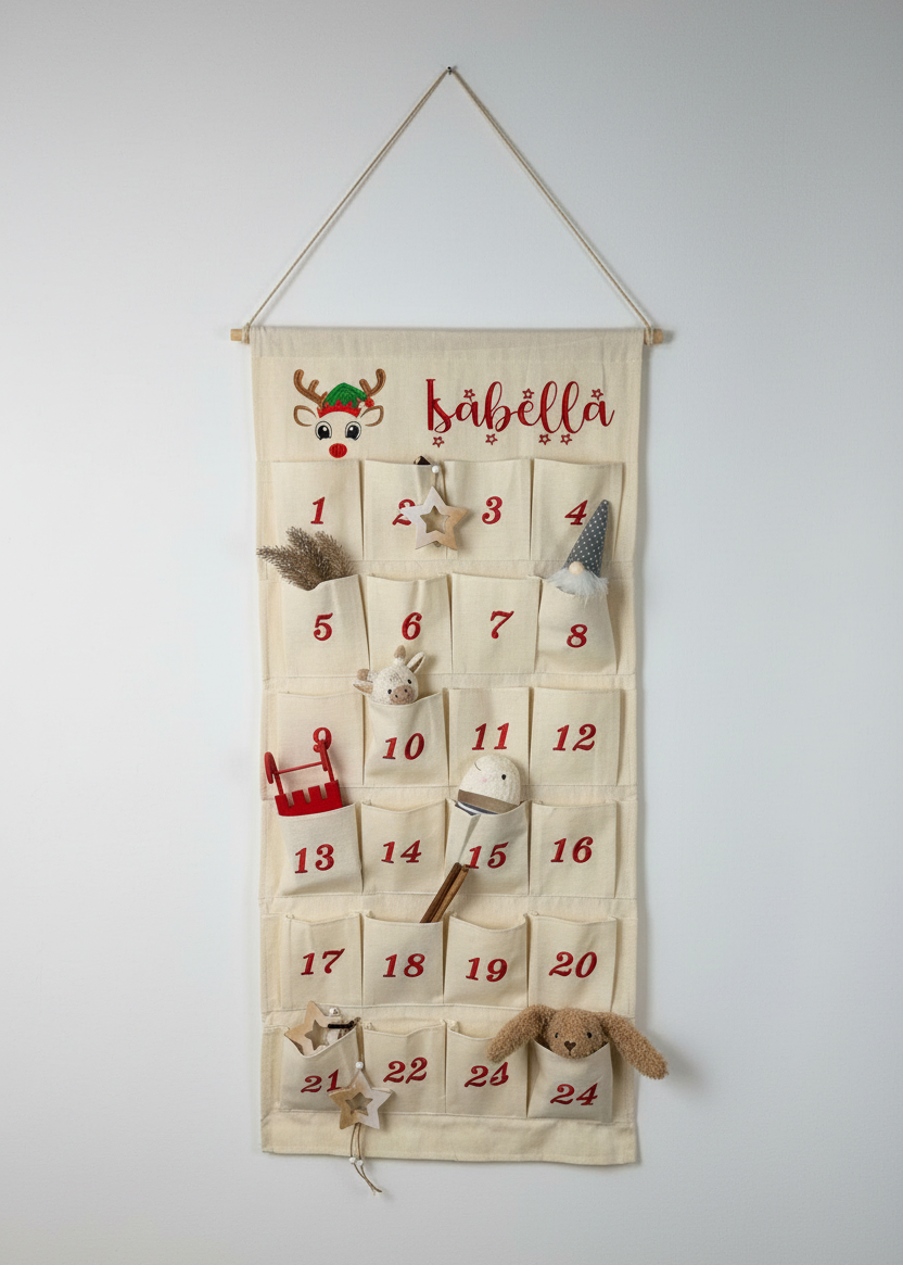 💫 Personalisierter Adventskalender Kinder bestickt mit Motiv Rentier und WunschNamen