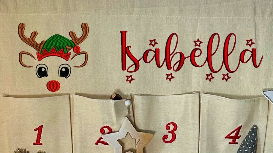 💫 Personalisierter Adventskalender Kinder bestickt mit Motiv Rentier und WunschNamen