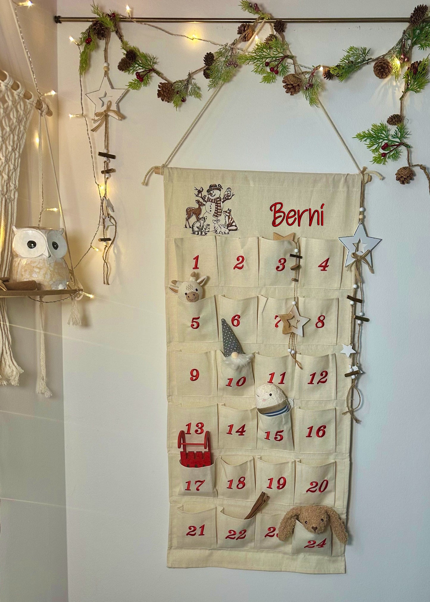 ⛄️ Personalisierter Adventskalender Kinder bestickt mit Motiv Schneemann, Waldtieren und WunschNamen