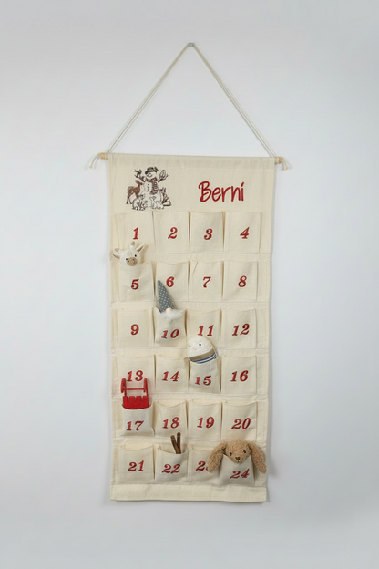 ⛄️ Personalisierter Adventskalender Kinder bestickt mit Motiv Schneemann, Waldtieren und WunschNamen