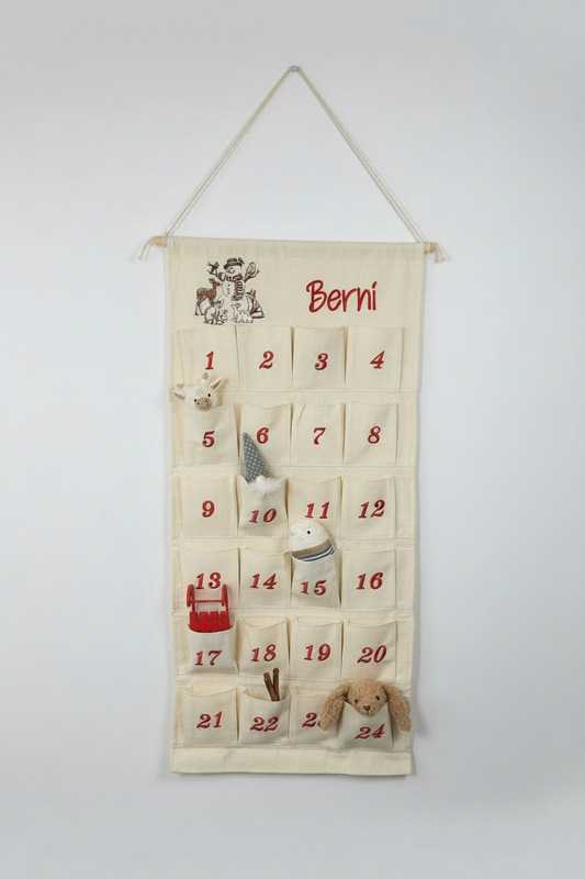 ⛄️ Personalisierter Adventskalender Kinder bestickt mit Motiv Schneemann, Waldtieren und WunschNamen