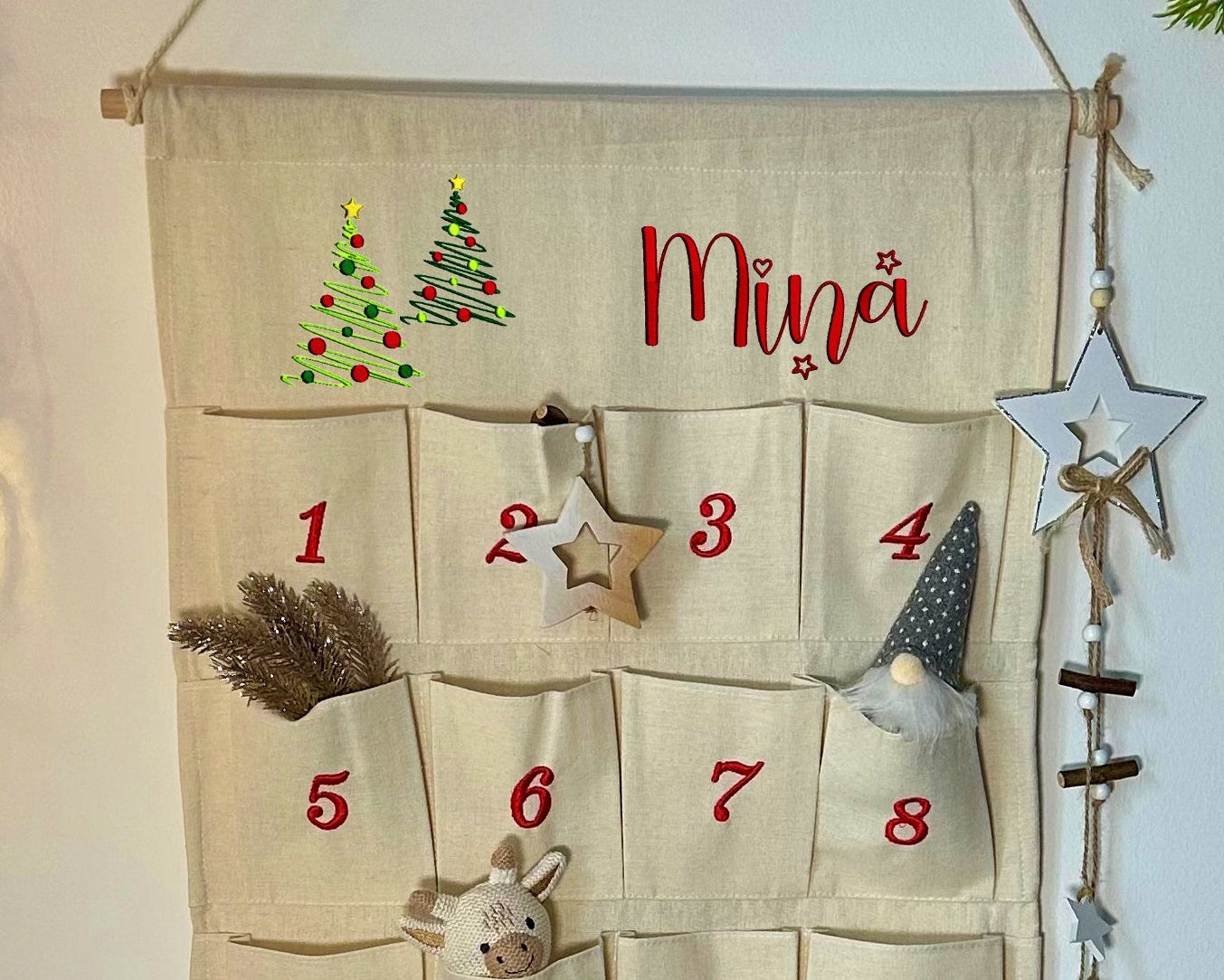 🎄 Personalisierter Adventskalender bestickt mit Tannenbäumen + WunschName