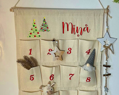 🎄 Personalisierter Adventskalender bestickt mit Tannenbäumen + WunschName