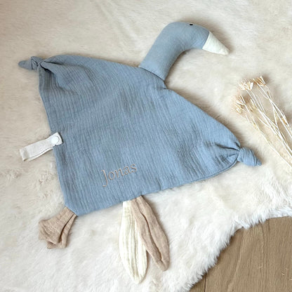 Personalisiertes Schnuffeltuch mit Namen - Gans aus Musselin | Baby Geschenk zur Geburt