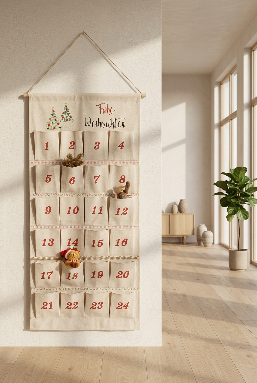 Adventskalender aus Stoff mit Tannenbäumen und Weihnachtsgruß