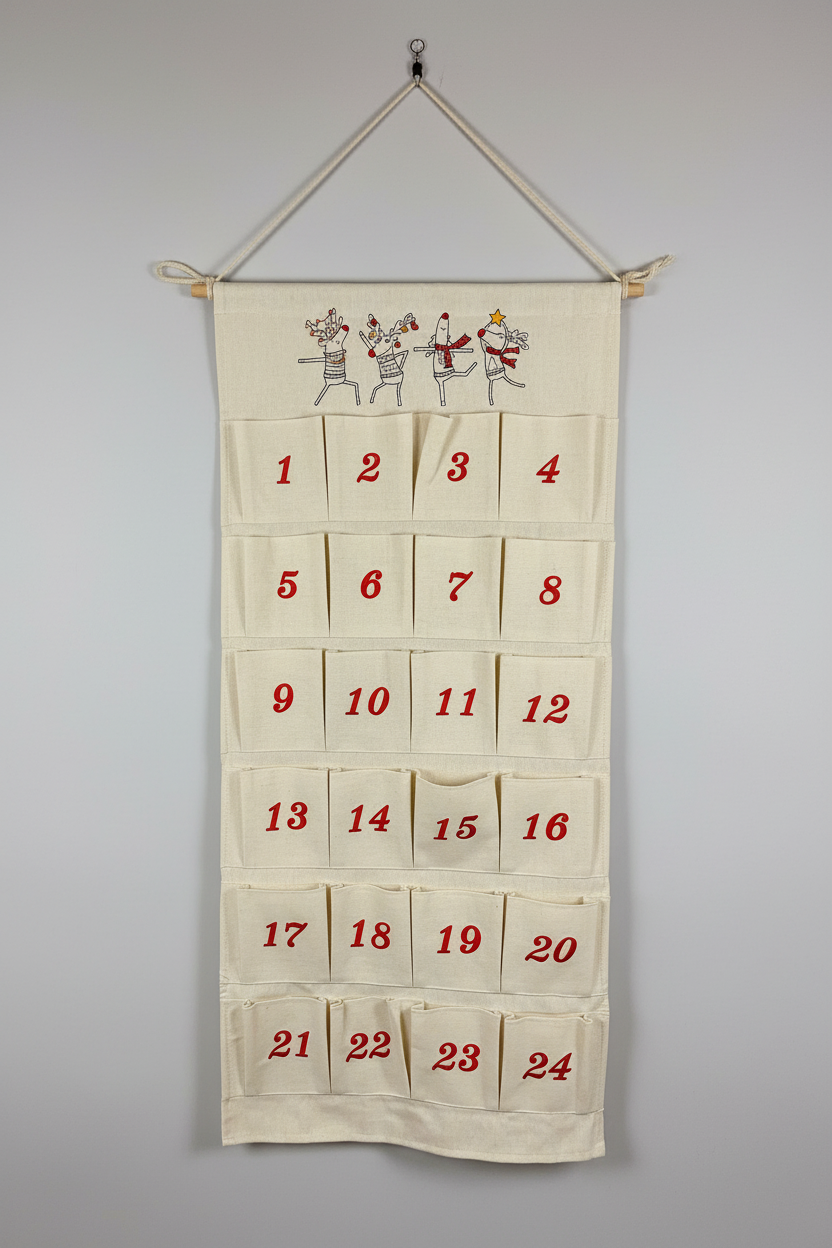 Adventskalender aus Baumwoll-Canvas bestickt mit Rentieren