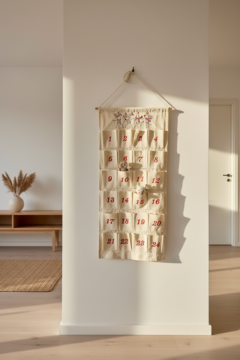 Adventskalender aus Baumwoll-Canvas bestickt mit Rentieren