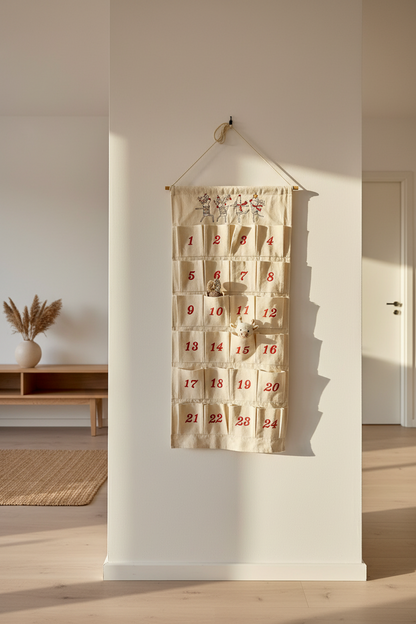 Adventskalender aus Baumwoll-Canvas bestickt mit Rentieren
