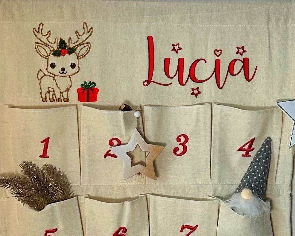 🎄 Personalisierter Adventskalender Kinder bestickt mit Motiv Reh und WunschNamen