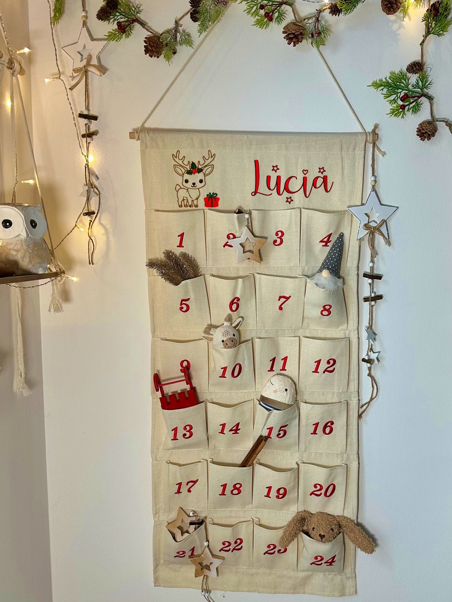 🎄 Personalisierter Adventskalender Kinder bestickt mit Motiv Reh und WunschNamen