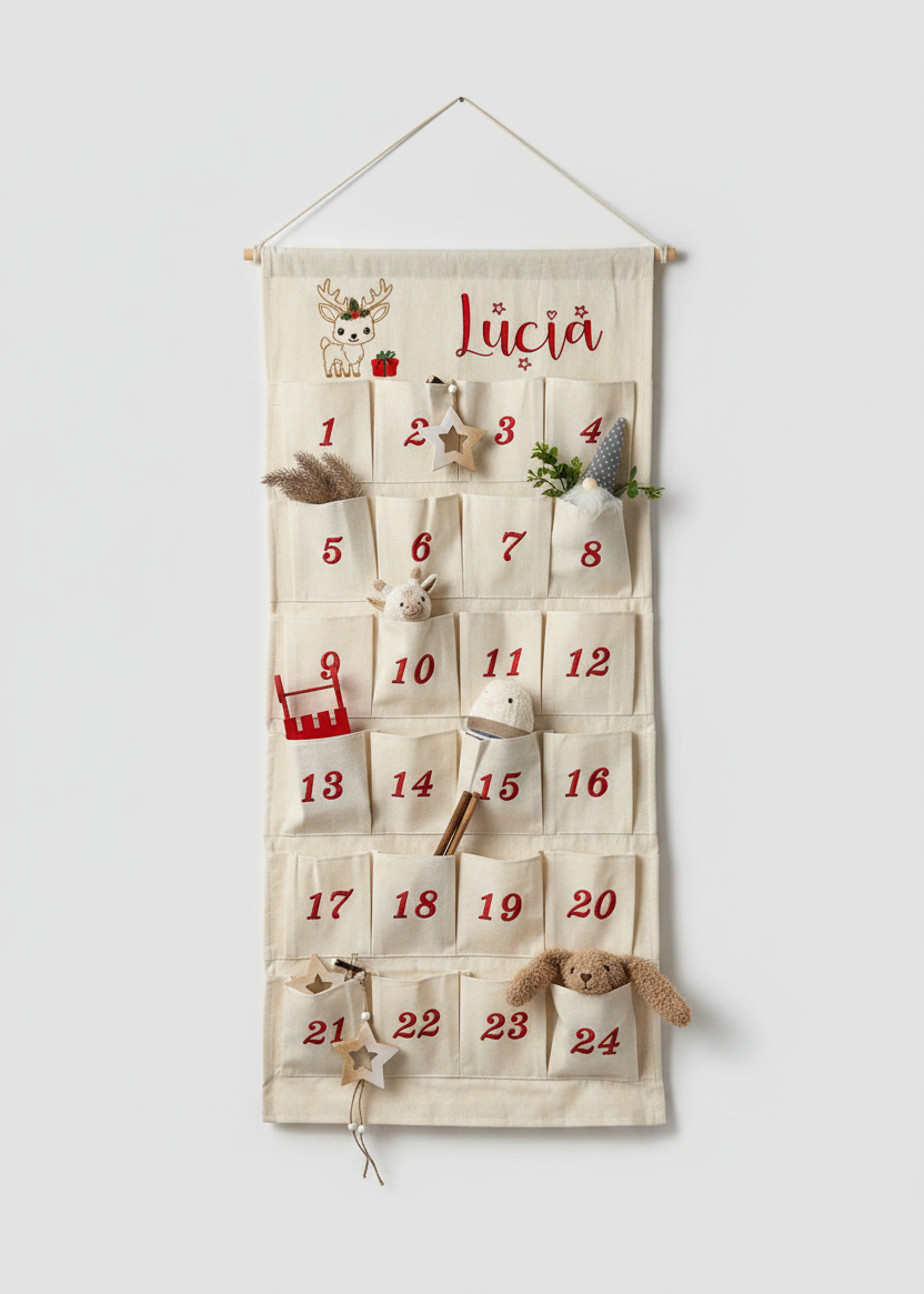 🎄 Personalisierter Adventskalender Kinder bestickt mit Motiv Reh und WunschNamen