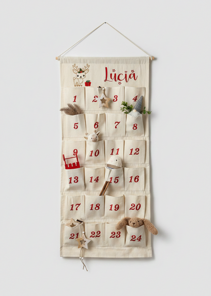 🎄 Personalisierter Adventskalender Kinder bestickt mit Motiv Reh und WunschNamen