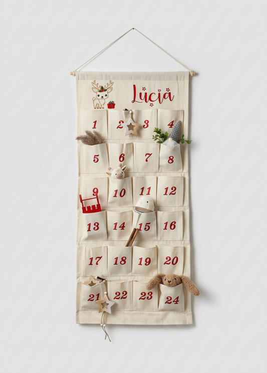 🎄 Personalisierter Adventskalender Kinder bestickt mit Motiv Reh und WunschNamen