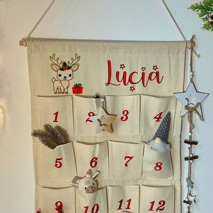 🎄 Personalisierter Adventskalender Kinder bestickt mit Motiv Reh und WunschNamen