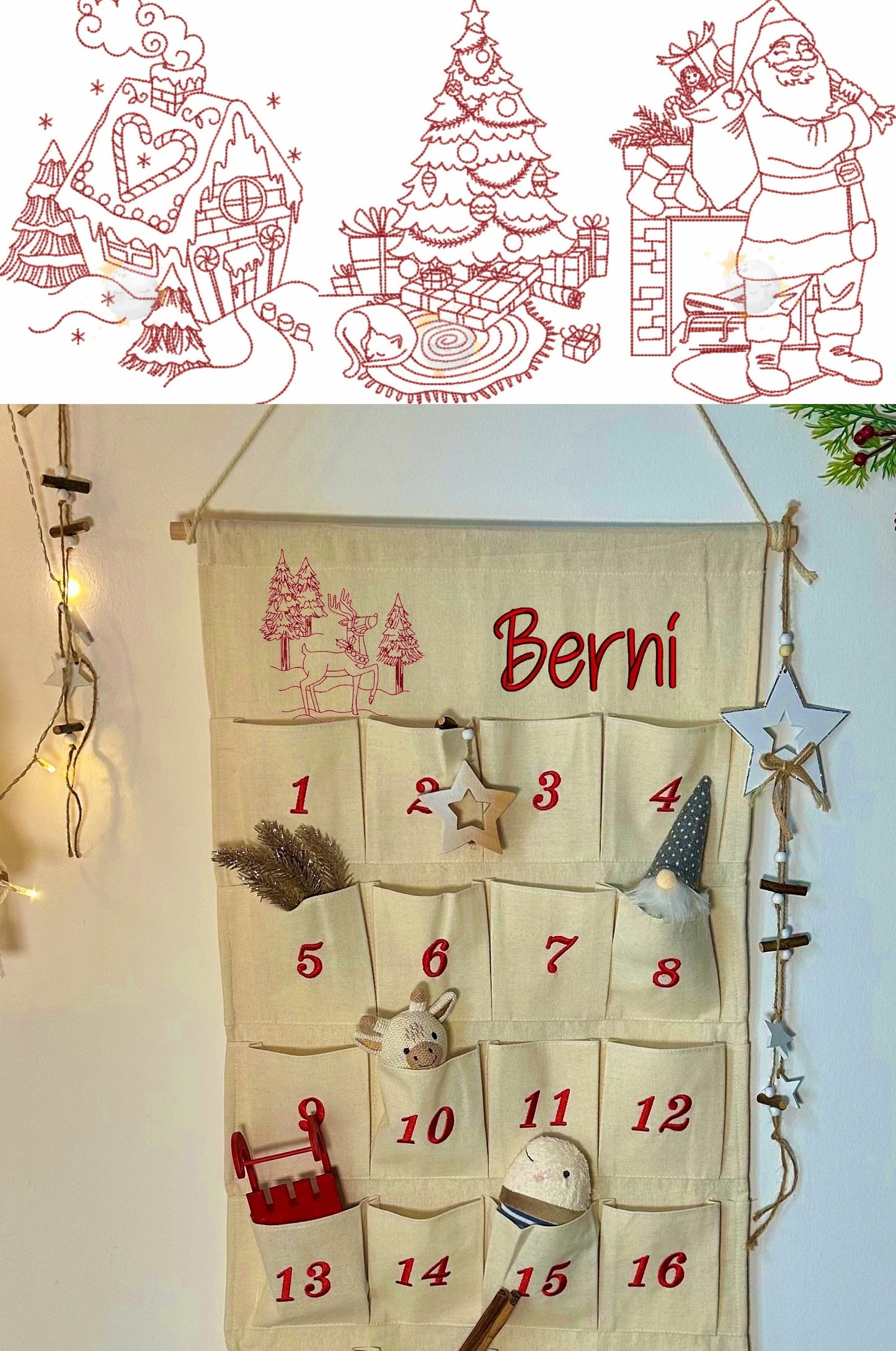 ⭐️ Personalisierter Adventskalender bestickt mit süssen vintage Motiven: Rudolf, Tannenbaum, Weihnachtsmann oder Zuckerhaus