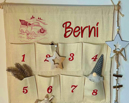 🛻 Personalisierter Adventskalender bestickt mit Motiv Retro Truck + WunschName